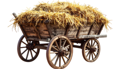 Old wooden cart filled with golden hay, isolated on black backdrop
