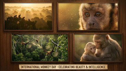 Celebrating beauty and intelligence on international monkey day, featuring a collage of stunning monkey photos displayed in frames