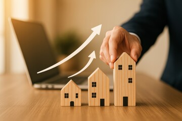 Business professional analyzing growth trends with wooden house models, symbolizing real estate market dynamics. Concept of investment, property values, and financial planning.