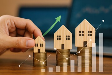 Hand placing wooden house model on stacked coins, representing rising property values and investment growth. Concept of real estate, finance, and market trends.