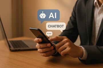 Professional using smartphone to interact with chatbot interface, highlighting advancements in AI technology and digital communication. Concept of innovation, user experience, and automation.