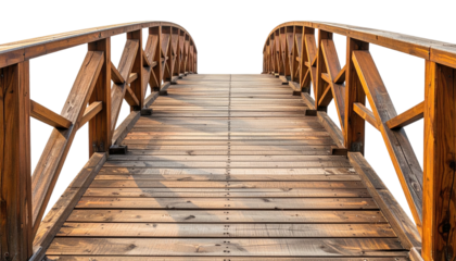 Wooden arched bridge leads upward against black background