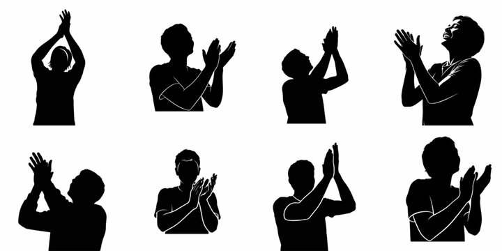 Eight Silhouettes of People Clapping and Applauding in Various Enthusiastic Poses, Black and White Vector Illustration for Applause and Celebration.