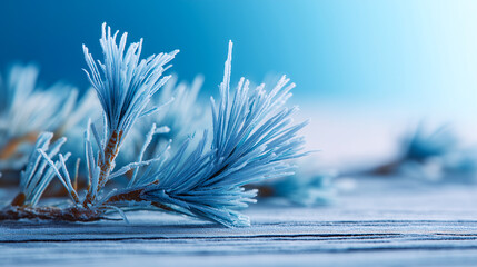 Close-up of frosted pine branch: delicate ice crystals coat needle-like foliage, set against a soft blue gradient background.
