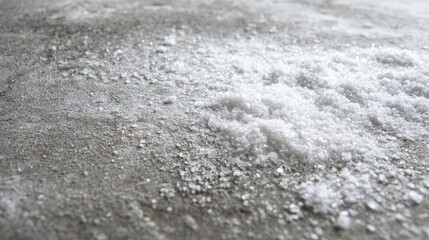 Crystalized salts on concrete surface, efflorescence white powder, detailed texture 