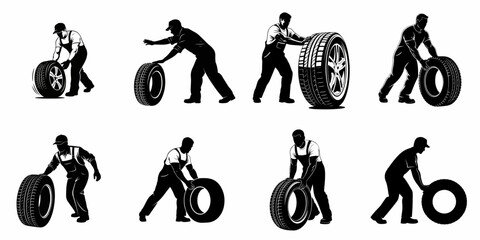 Collection of vector illustrations showing auto service workers and mechanics in various poses handling or rolling vehicle tires for repair and maintenance. © Nadya