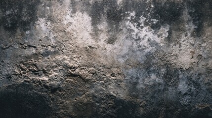 Damp concrete wall texture showing dark moisture patches and white efflorescence stains, basement or exterior surface, raw and cold atmosphere, diffused lighting 