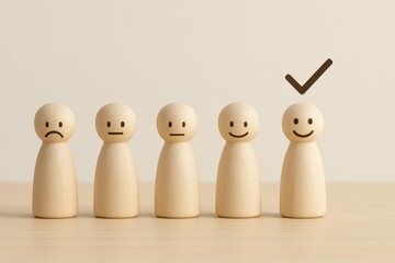 Wooden figurines representing varying emotions with a focus on positivity. Concept of emotional intelligence, mental well-being, and emotional growth in communication.