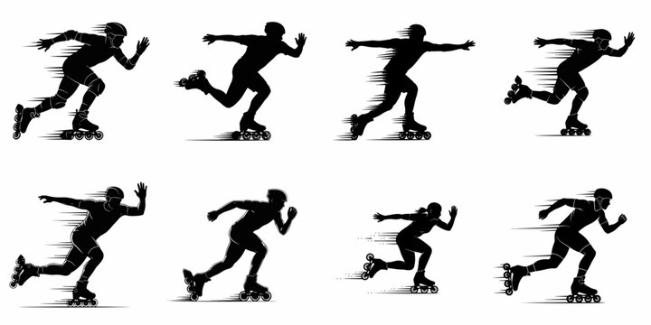 Dynamic black silhouettes set of inline speed skaters in action poses, showing motion blur effects and fast rollerblading competition.
