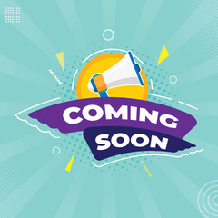  comingsoon announcement with megaphone background. comingsoon banner for social media