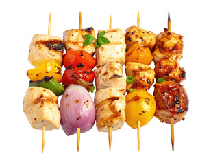 Grilled kabobs with various cooked meats, peppers, and onions on skewers