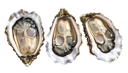 Three open oysters display their plump meats on a black background