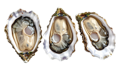 Three open oysters display their plump meats on a black background