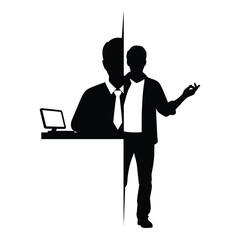 Silhouette showing a duality between a formal suited office worker with a computer and a relaxed casual person gesturing openly on white background