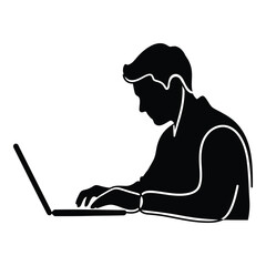 Silhouette illustration of a focused professional man diligently typing on a modern laptop computer for work or study on white background
