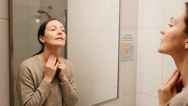 Woman checking thyroid neck in bathroom mirror lifestyle health check for autoimmune support focusing on wellness and care