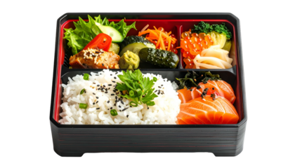 Japanese bento box showcasing diverse components rice, salmon, vegetables, and more