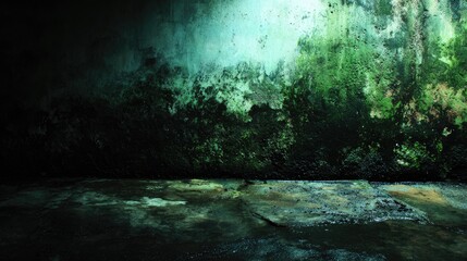 Dark moldy concrete texture, green and black stains, damp atmosphere, abandoned building feel 