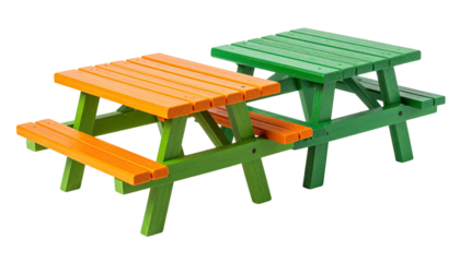 Two-tiered, colorful picnic table, green base with orange and green tops