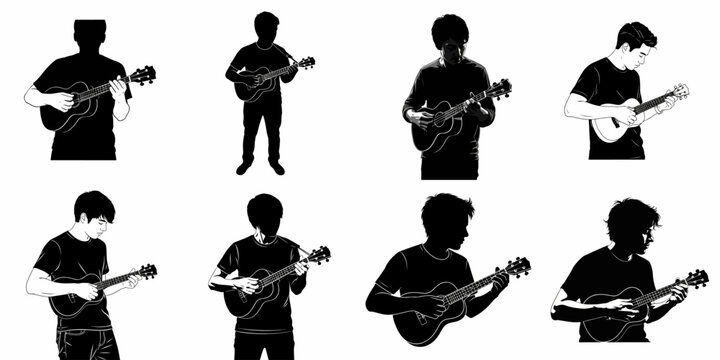 Collection of eight silhouettes and illustrations of young men playing the ukulele, a monochromatic vector music set.