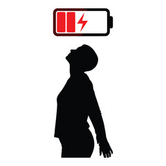 Silhouette of a tired woman looking up desperately at a nearly depleted battery charging indicator on white background