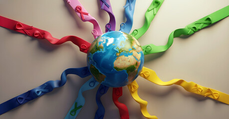 Vibrant ribbons encircle the globe in a symbol of unity and awareness