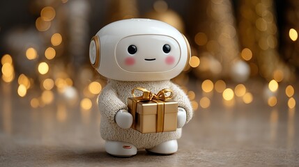 Adorable small white service robot with cheerful smiling face presenting shiny golden gift box, blurred golden bokeh lights and festive ornaments in soft background, holiday copy space,