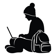 Silhouette of a student wearing a warm hat working diligently on a portable computer with a backpack nearby on white background