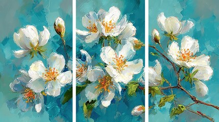 Set of 3 wall art panels showcasing fragrant jasmine in abstract painting on serene blue background, close-up view, split triptych composition on clean white backdrop.