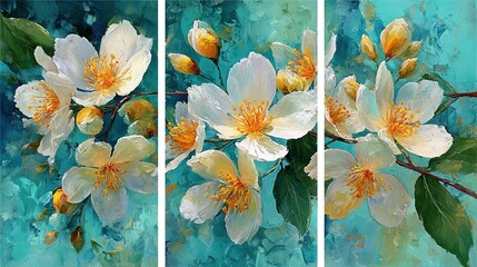 Set of 3 wall art panels showcasing fragrant jasmine in abstract painting on serene blue background, close-up view, split triptych composition on clean white backdrop.