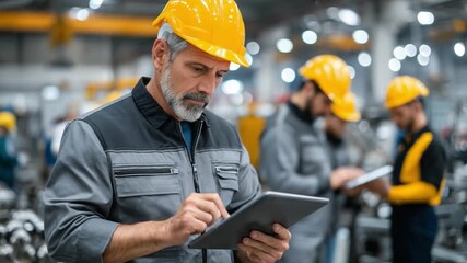Industrial Insight: An experienced engineer, clad in protective gear, meticulously reviews data on a digital tablet within a bustling industrial environment. This scene speaks to precision. - Powered by Adobe