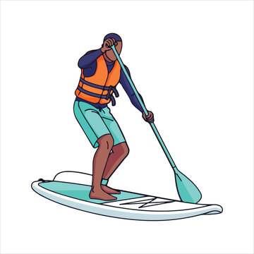 A man standing on a paddleboard holding a paddle in a calm sea from a side view