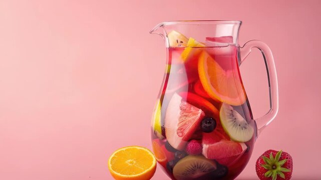 Pitcher of fruit-infused water with various sliced fruits against pink background
