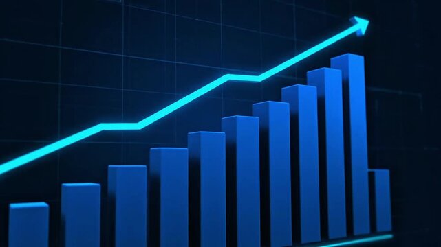 A blue bar graph and line chart showing an upward trend and growth in business performance and financial success