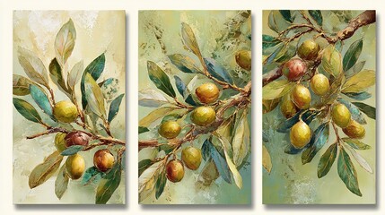 Set of 3 minimalist wall art panels featuring twisting olive branches abstract painting on muted olive background, close-up view, split triptych composition on clean white backdrop.