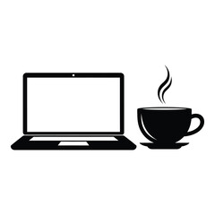 Simple black silhouette of an open laptop computer positioned next to a steaming hot beverage cup icon on white background