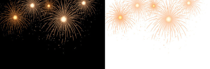 Golden glowing PNG fireworks burst across a deep black sky, sparkling trails and glowing orbs, New year, wedding, holiday celebration atmosphere with warm light and dynamic motion.
