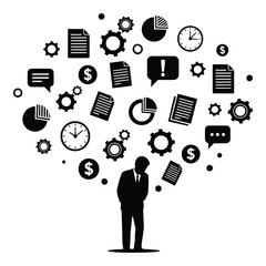 Overwhelmed businessman surrounded by business icons and documents