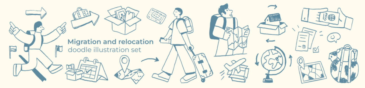 Relocation and  migration doodle illustration set showing moving abroad, travel journey, documents, luggage, maps and new life transition.