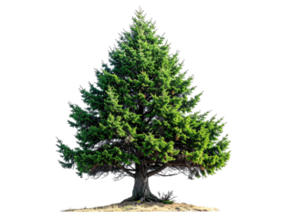 A vibrant, green evergreen tree with a wide trunk against a black background