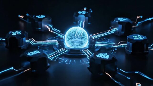 Dynamic visual of a glowing digital brain at the core of an interconnected network, symbolizing advanced artificial intelligence, data processing, and future technology evolution
