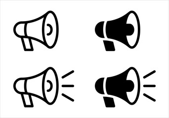 Megaphone voice speaker announcement icons set in outline and solid style