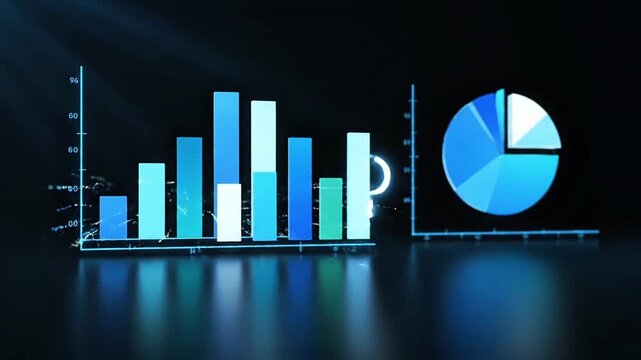 Digital charts and graphs representing financial data analysis on a dark background with reflections