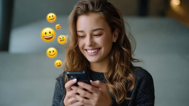 Digital Smile: A woman is engrossed in her phone. Animated smileys float around. Capturing the joy of digital connection and modern communication.