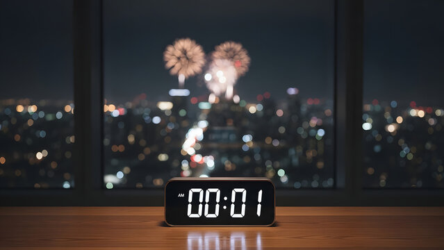 Midnight countdown with city fireworks celebration background