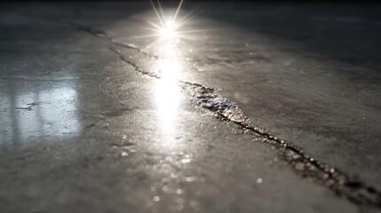 Extreme close up of polished concrete scratch, light catching the groove