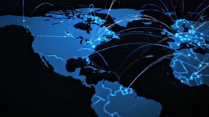 Digital connections spanning the globe showing international network data flow across continents - Powered by Adobe