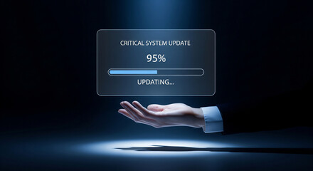Hand reaching out to support a glowing digital progress bar showing system update completion