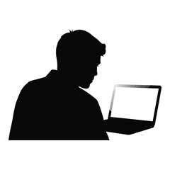 Silhouette of a focused professional man working intently on a portable electronic computer device on white background