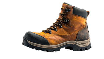 Brown leather hiking boot, side view, on a black background, worn